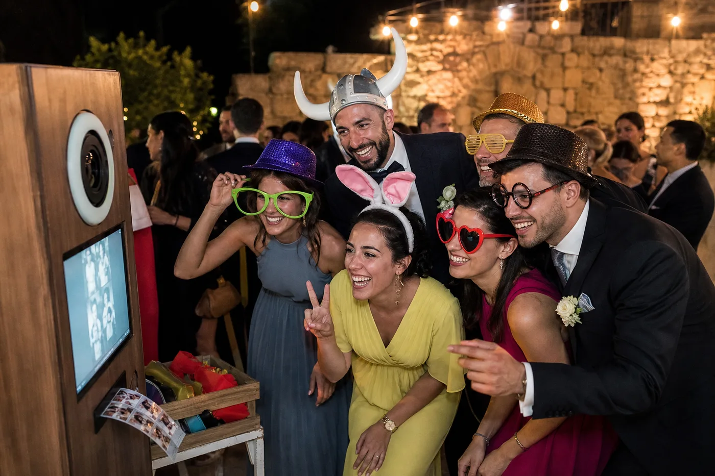Invitados en fotomatón en fiesta